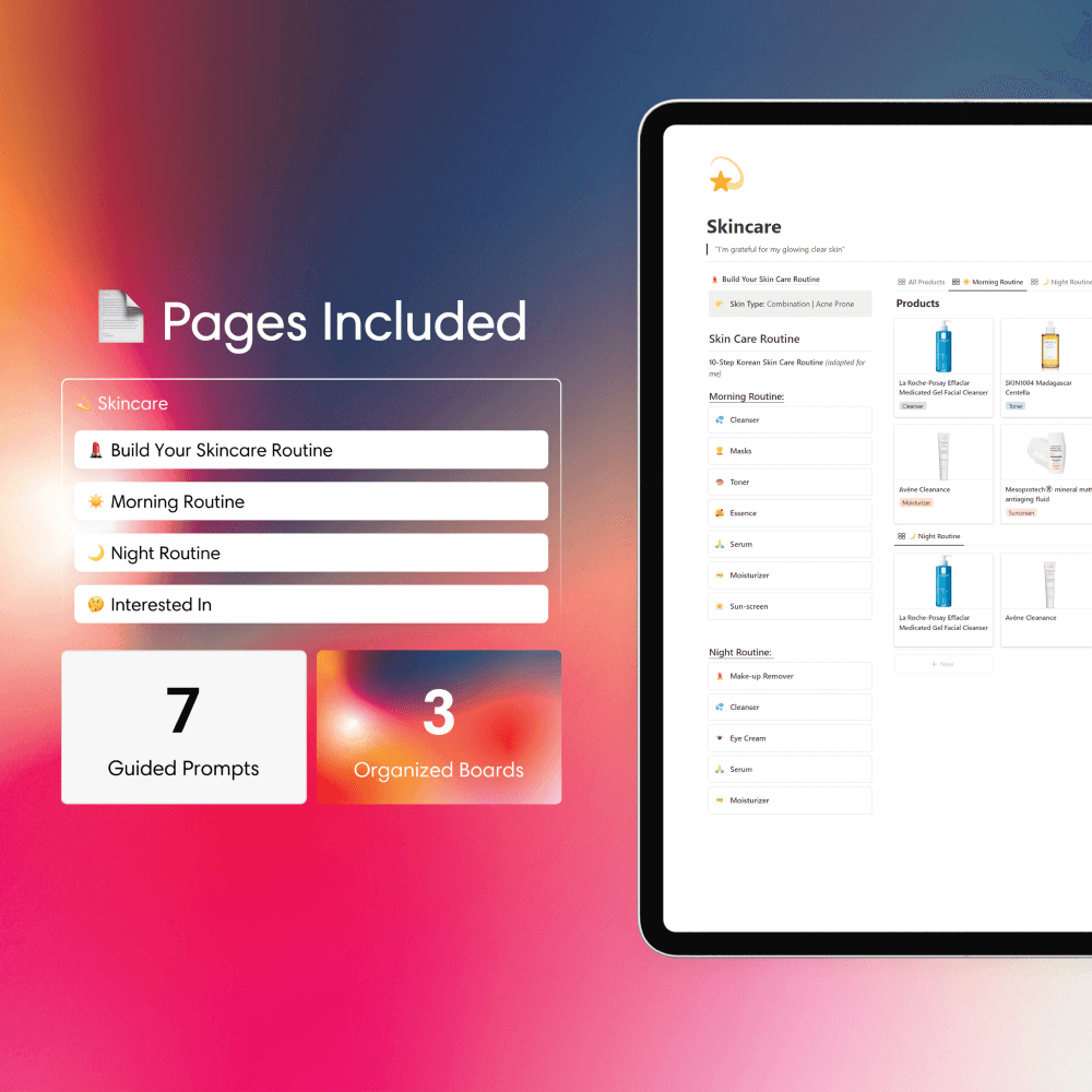 Pages Included - Skincare Notion Template Notion template for glowing skin, skincare tracker, skincare routine, beauty planner, daily skincare, skincare product organizer, beauty journal, beauty product inventory, morning and night routine, beauty wishlist, self-care template, custom skincare routine planner