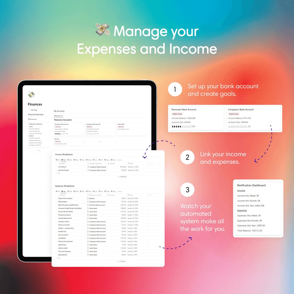 Notion template for tracking money, saving, personal budget, expense tracker, financial goal, debt payoff, monthly budget, income and expense, freelance finances, bill tracking, family budgeting, financial planning, savings, business expenses, student budgeting, side hustle finance tracker