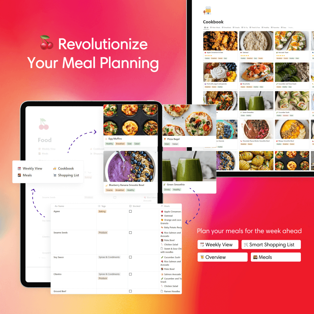 Notion template for cooking enthusiasts, meal planner, recipe organizer, digital cookbook, meal prep, food journal, healthy eating template, grocery list, recipe book, cooking planner, diet template