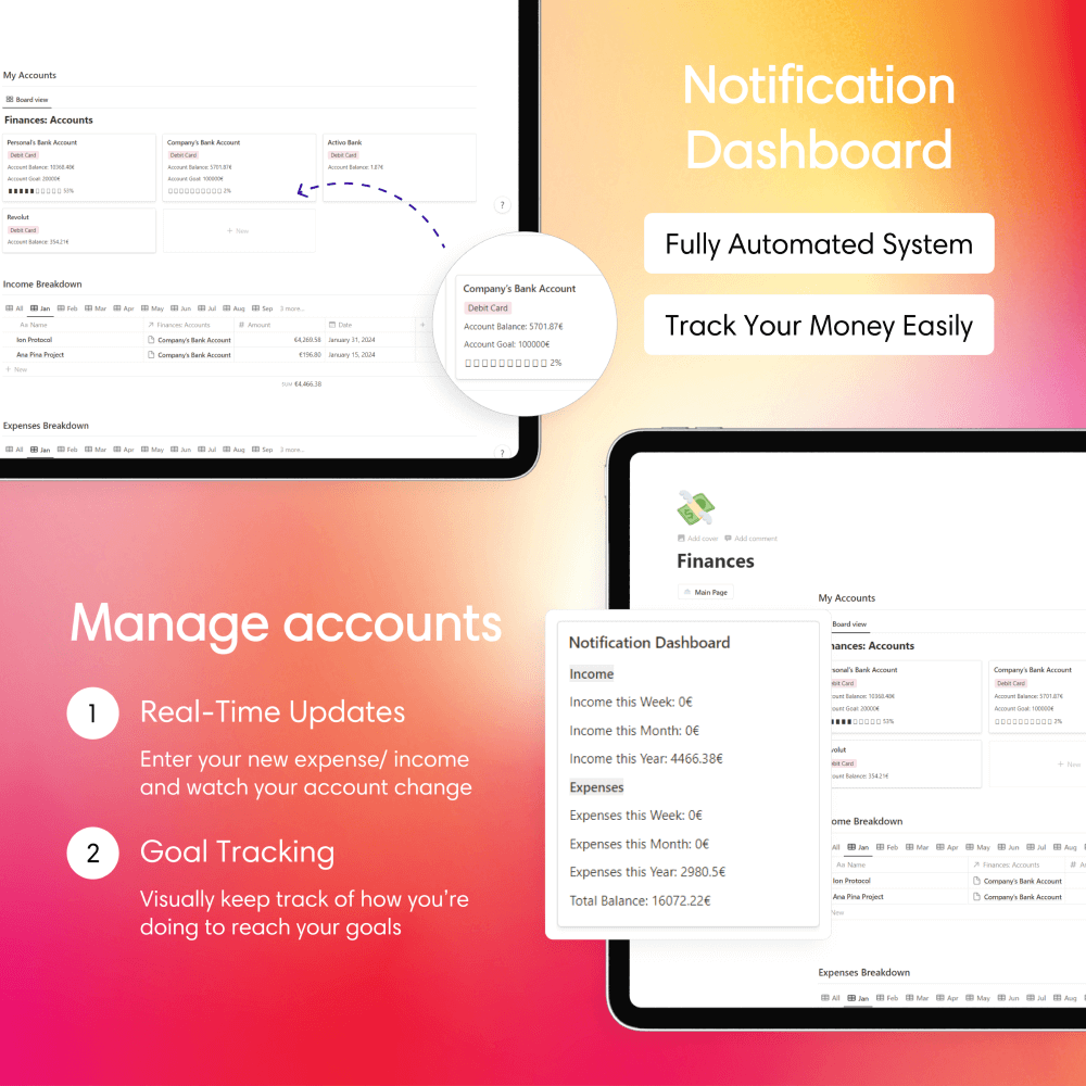 Notion template for tracking money, saving, personal budget, expense tracker, financial goal, debt payoff, monthly budget, income and expense, freelance finances, bill tracking, family budgeting, financial planning, savings, business expenses, student budgeting, side hustle finance tracker