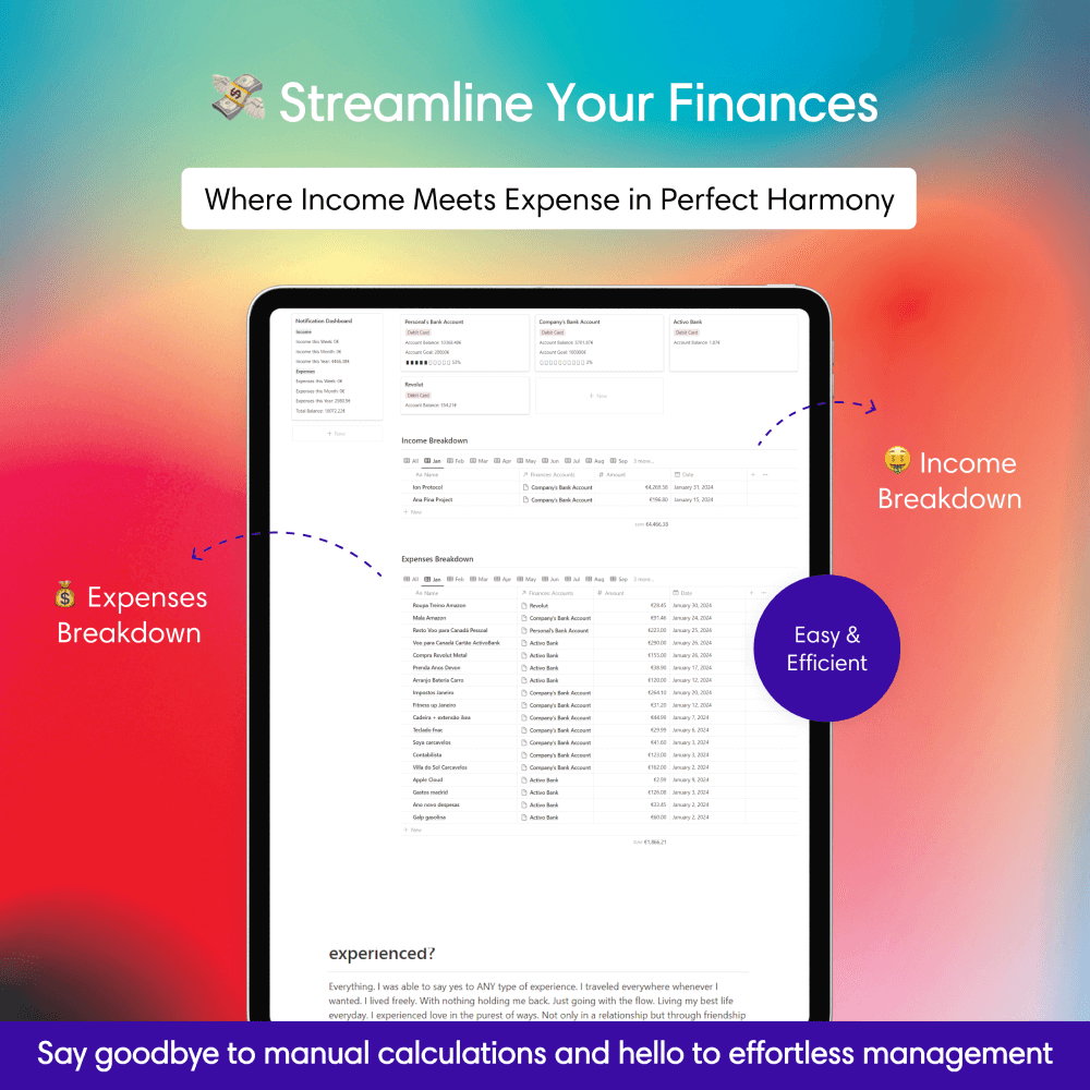 Notion template for tracking money, saving, personal budget, expense tracker, financial goal, debt payoff, monthly budget, income and expense, freelance finances, bill tracking, family budgeting, financial planning, savings, business expenses, student budgeting, side hustle finance tracker